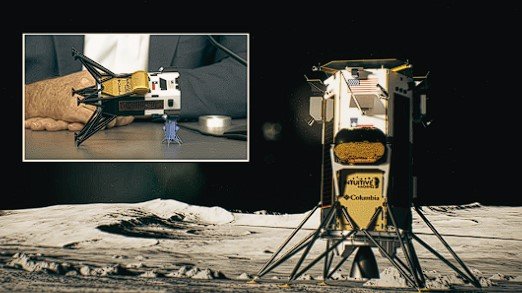 The Odysseus lander on the moon as originally planned, compared with its actual configuration inset, showcased with a model during a press briefing on Feb. 23, 2024.