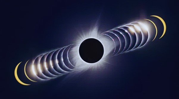 A total solar eclipse with its different phases