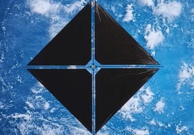 Artist's illustration of NASA's Advanced Composite Solar Sail System spacecraft in orbit, with a view looking directly down at Earth from above.